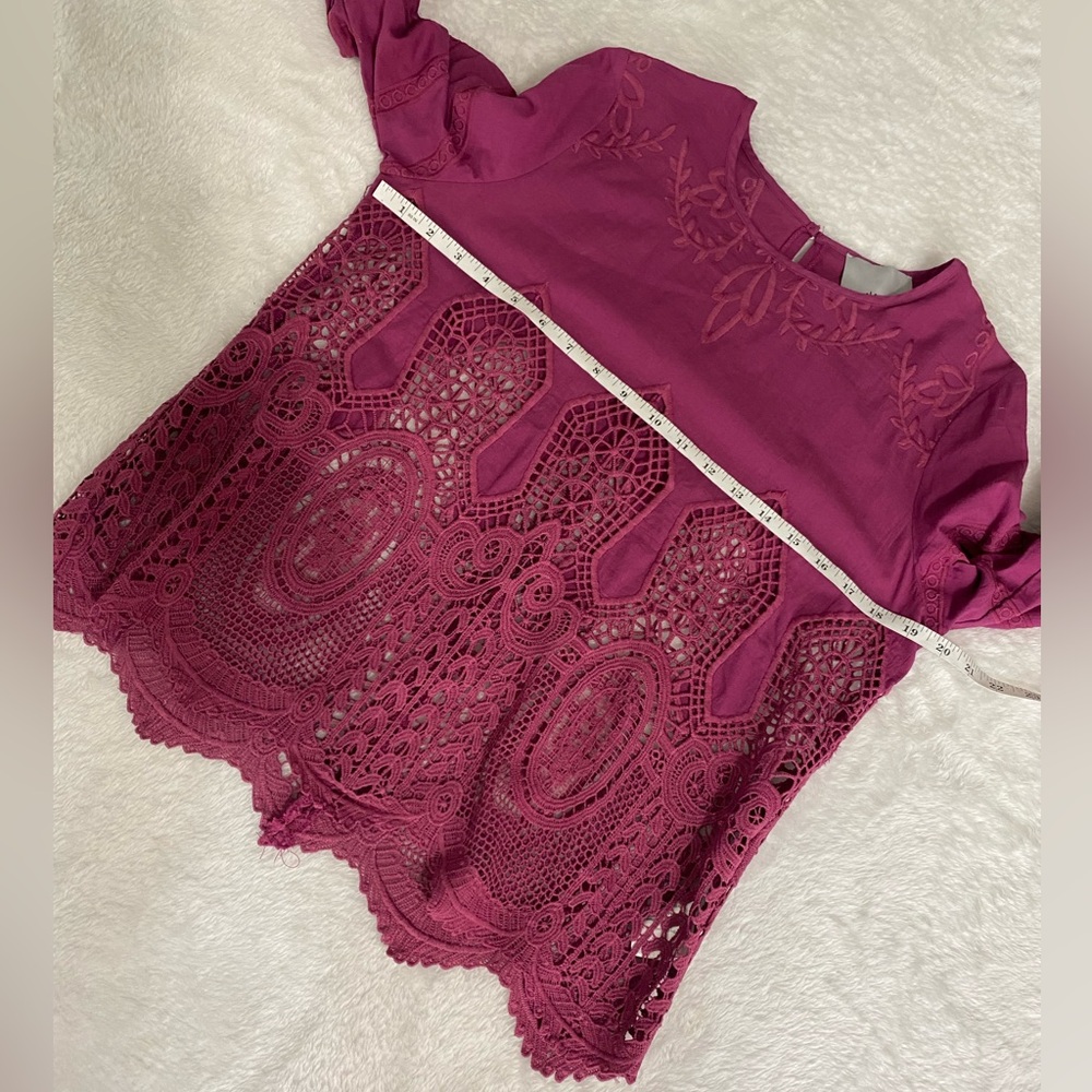 Chloe Oliver Anthropologie Magenta Pink Bell Sleeve Lace Crochet Blouse Top - Picture 9 of 11